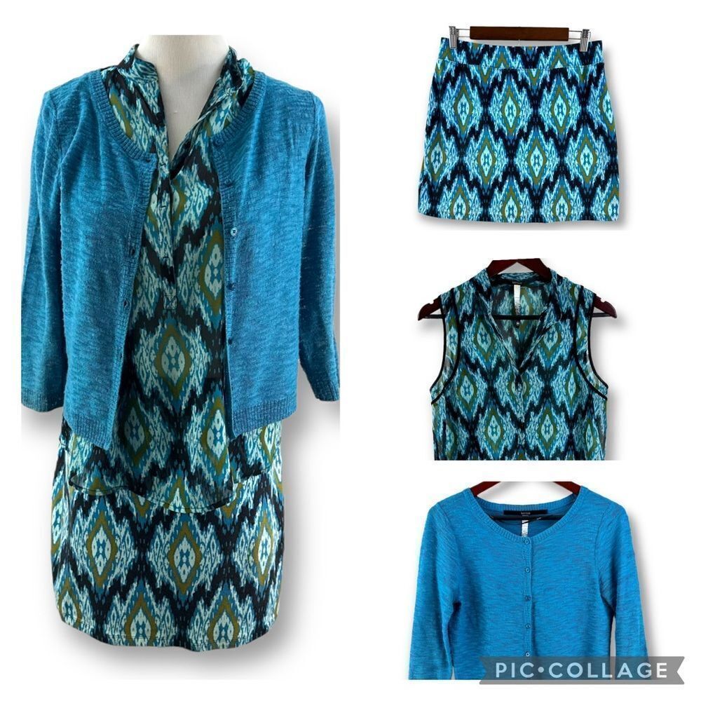 Kensie blue print 3-piece‎ skirt, top and sweater set size M